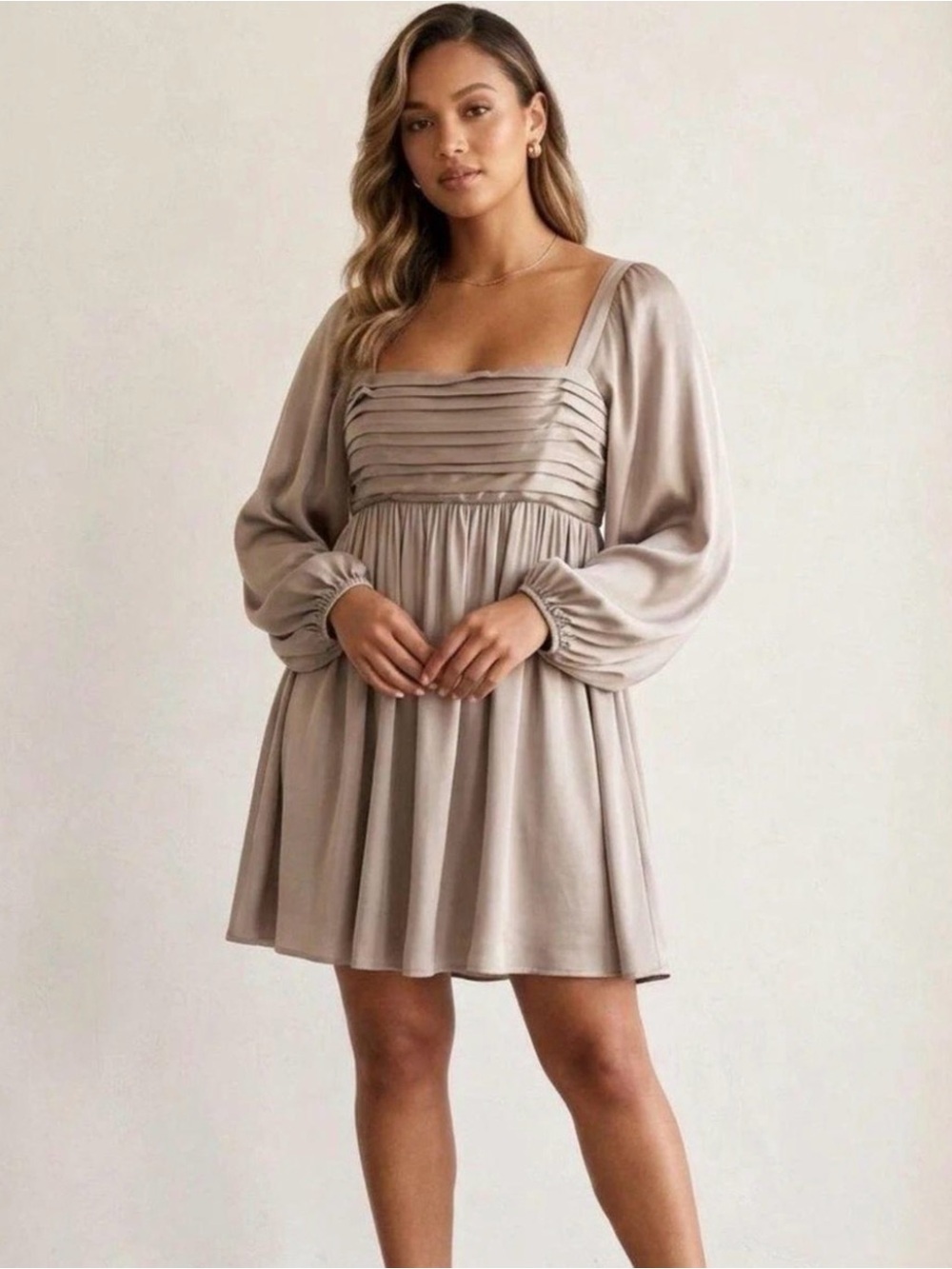 Abercrombie & Fitch Emerson Long Sleeves Square Neck Satin Taupe Mini Dress LT